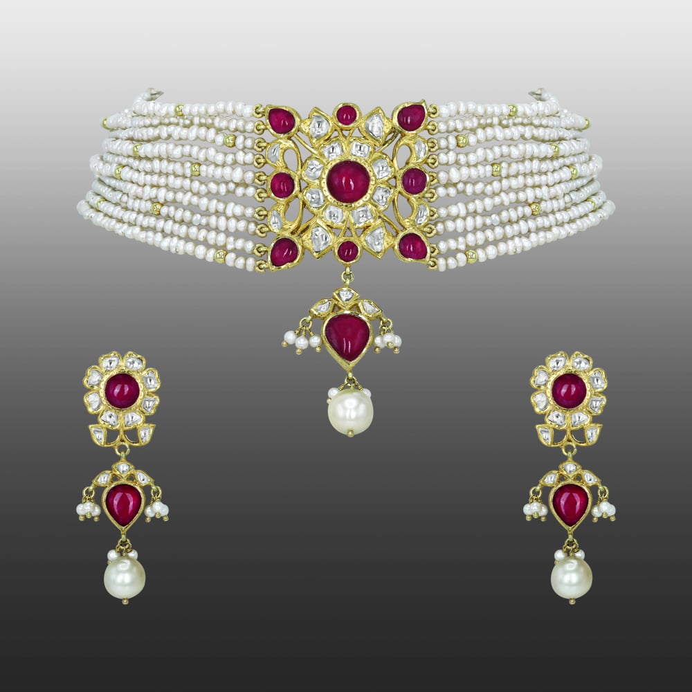 Pearl Strand Choker Set with Ruby, Polki Floral Motif, and Pearl Drop